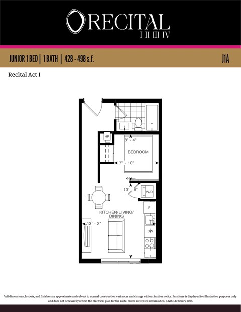 Floor plan for 1 bed, 1 bath, 498 sqft